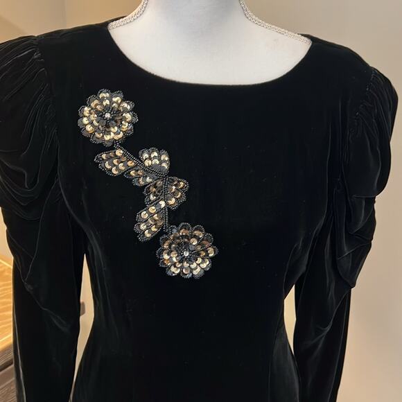 Beautiful Vintage GENET VIVIEN Black‎ Velvet Dress S Cocktail Sexy Sequined Gold - Picture 2 of 16